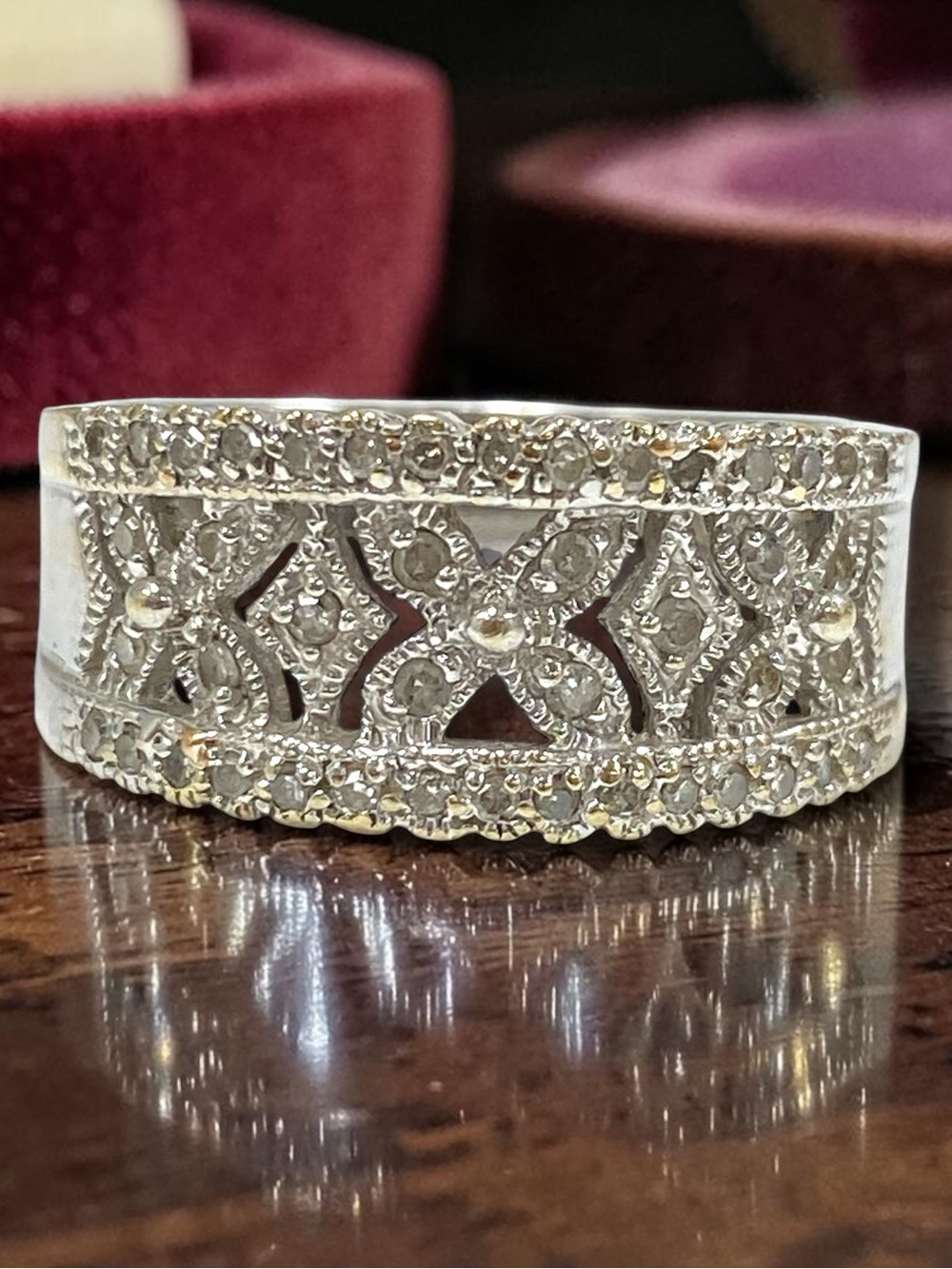 GORGEOUS Estate 14K Plumb White Gold Designer Diamond 8mm Wide Band Ring Size 7